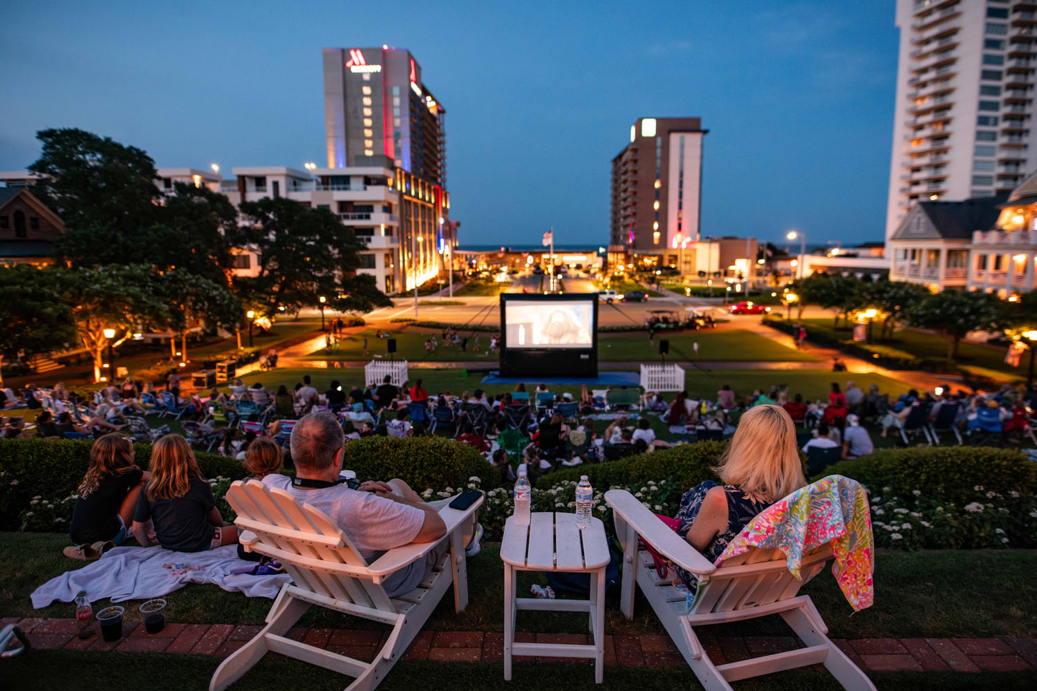 An outdoor movie night on The Historic Cavalier Hotel Great Lawn