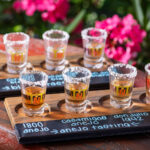 A flight of tequila drinks on a table at Tacos-N-Tequila