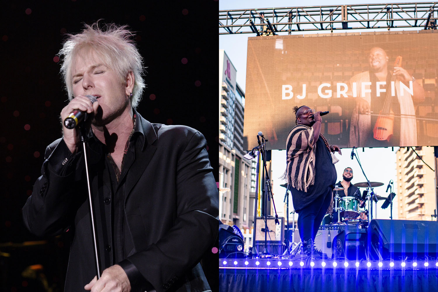 A collage of images featuring Jimmy Hopper and BJ Griffin performing