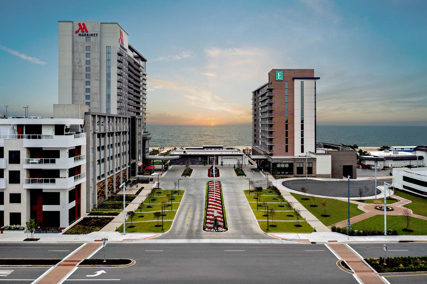 An aerial view of two Cavalier Resort oceanfront hotels