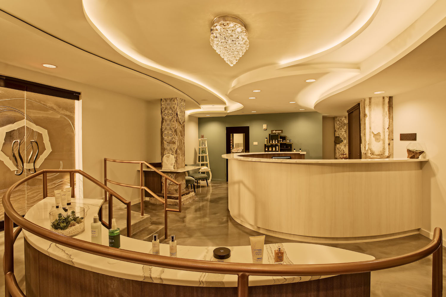 The interior lobby of the SeaHill Spa inside The Historic Cavalier Hotel