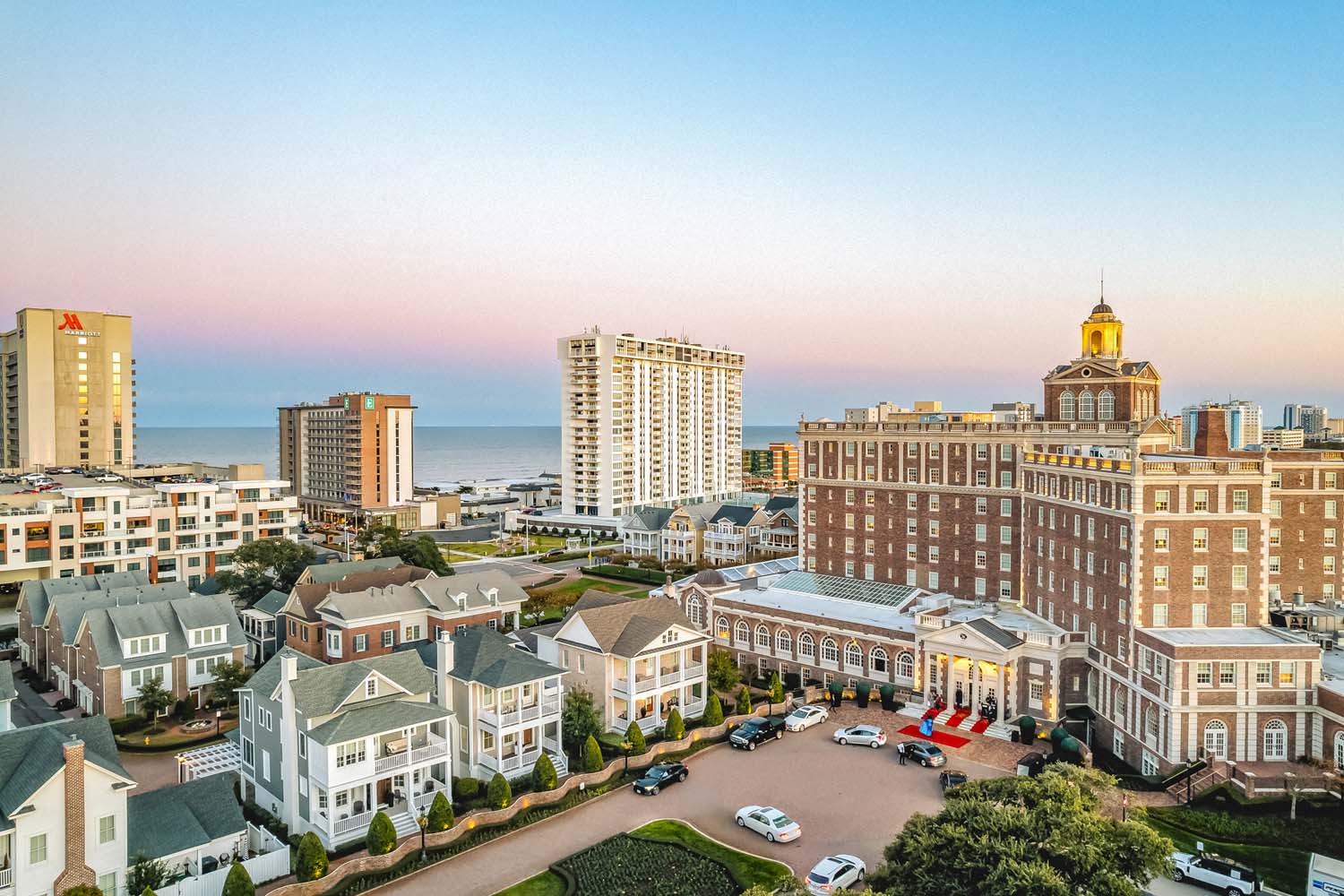 The Historic Cavalier Hotel at sunrise with the oceanfront in the background
