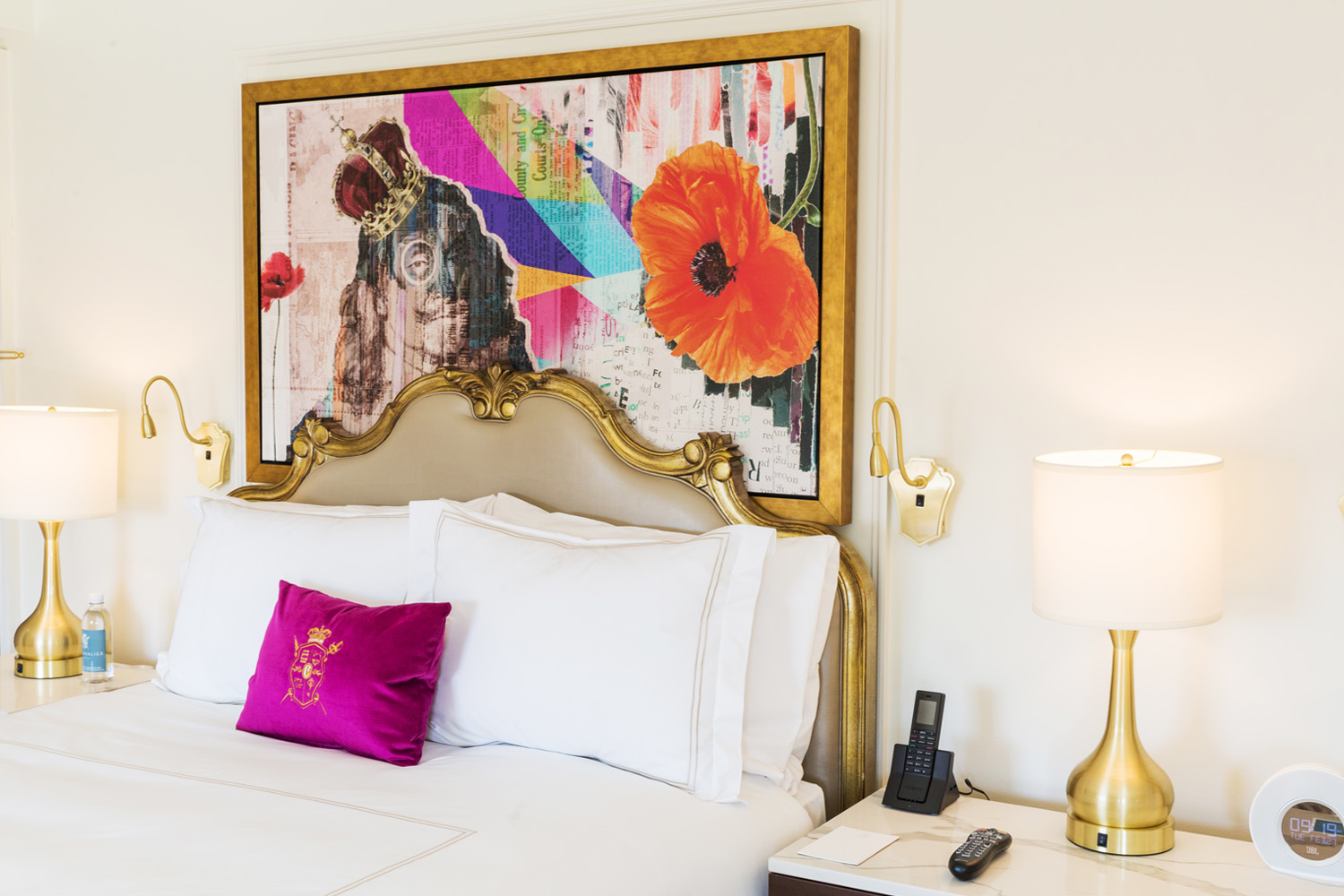 A guest room with a king bed inside The Historic Cavalier Hotel