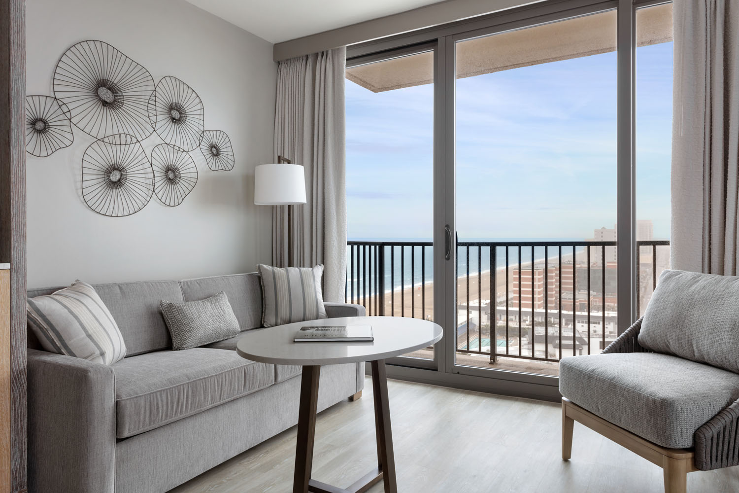 A junior suite living room inside the Marriott Virginia Beach Oceanfront Resort