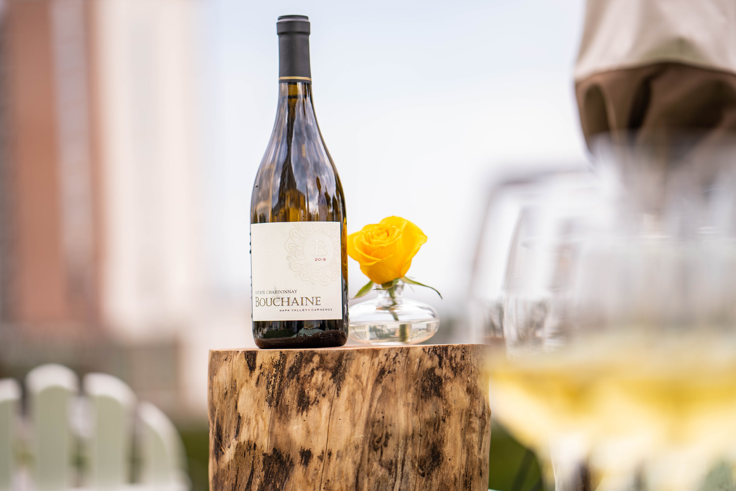 A bottle of white wine on a table